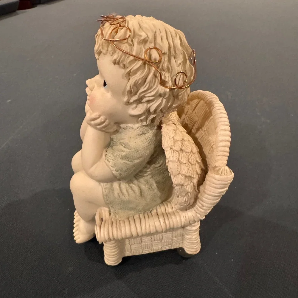 Vintage Musical Angel Cherub‎ Figurine Wicker Chair Bluebird Copper Halo Decor